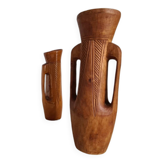 2 Vases in carved wood / handcrafted / 70s / Mid-Century / decoration / 20th century / brutalist