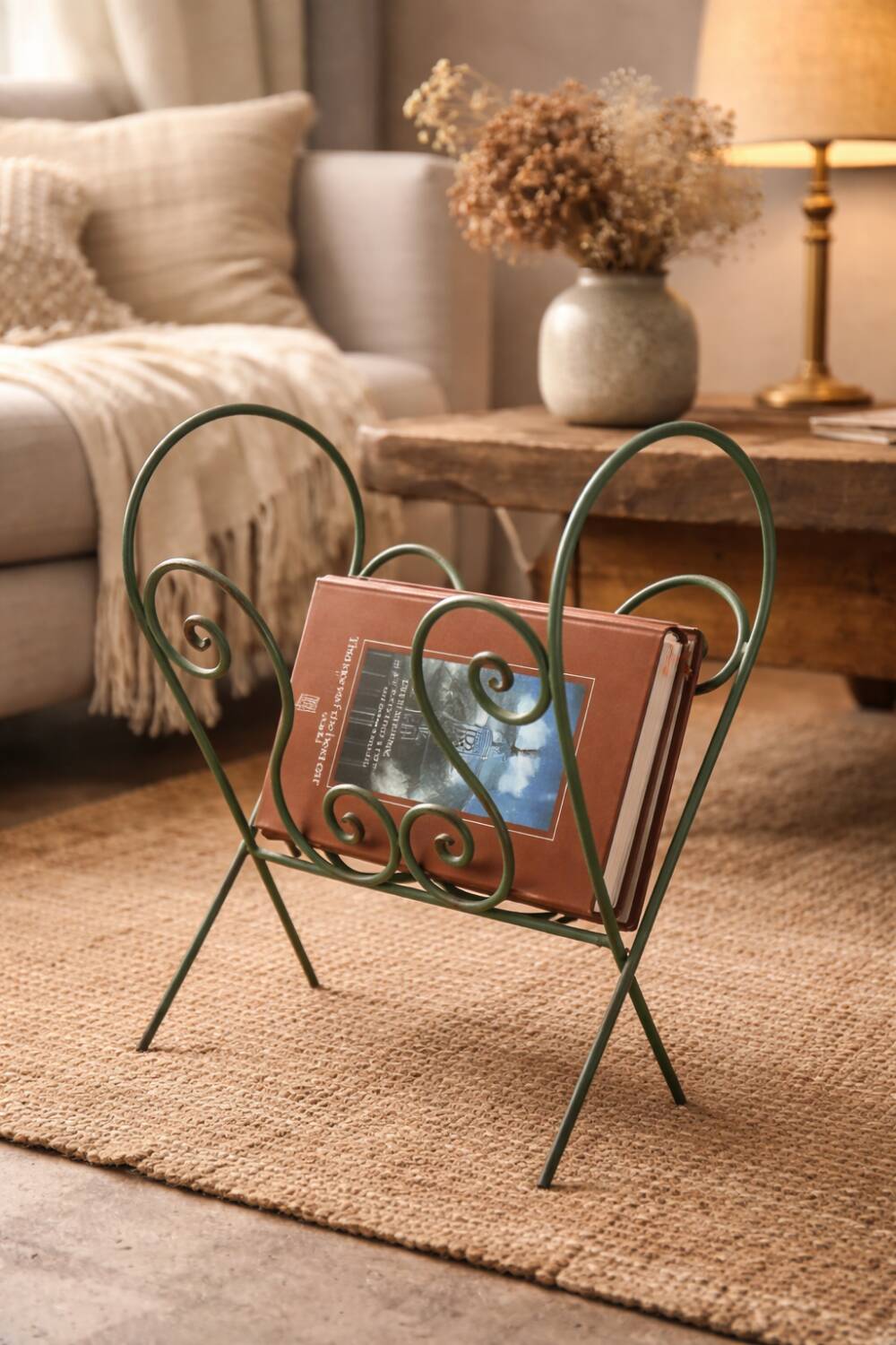 Vintage wrought iron magazine rack – handcrafted scrolls –