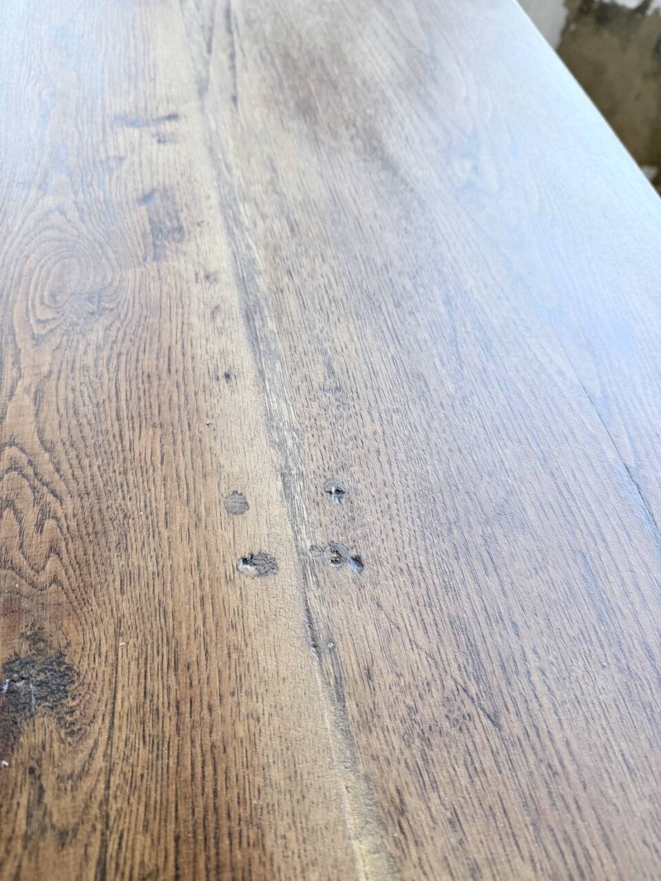 XL farmhouse table in solid oak, brutalist style, 20th century.