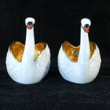 Pair of salters in limoges porcelain white swans