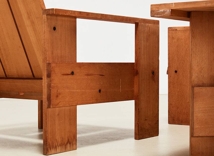 Gerrit Rietveld Pair of Crate Chairs + Table for Cassina 1934/ 1979