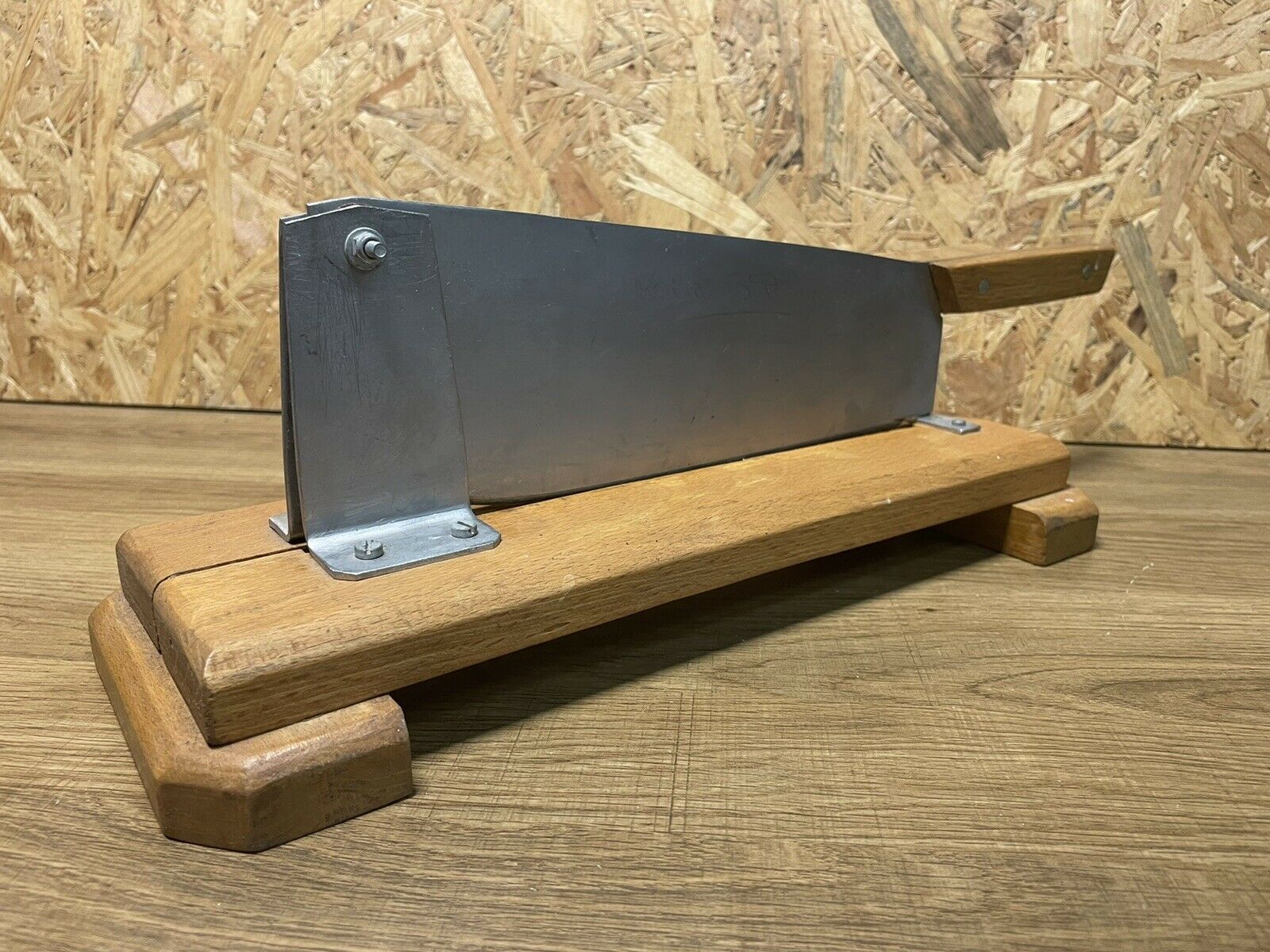 Antique bread cut, stainless steel blade, wooden base, vintage chic countryside
