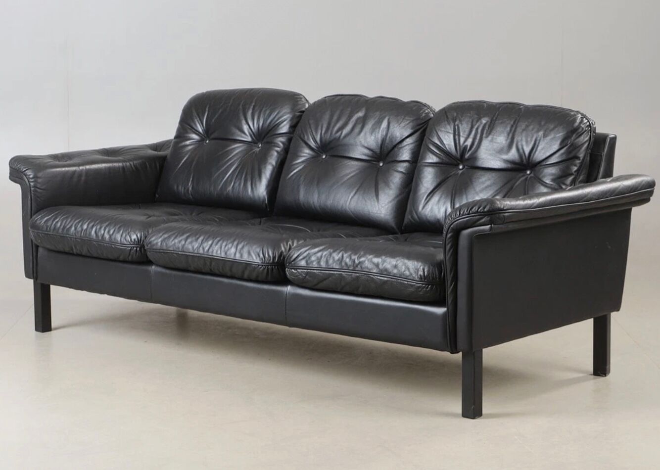 Vintage Danish mid-century 3 person black leather sofa 1970s