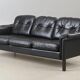 Vintage Danish mid-century 3 person black leather sofa 1970s