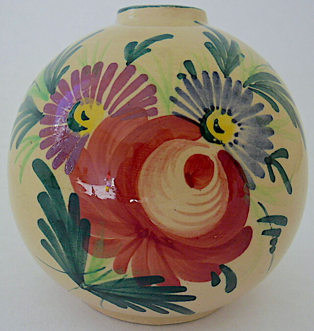 Vase "ball" decorated floral in polychrome earthenware glazed by Saint-Clement