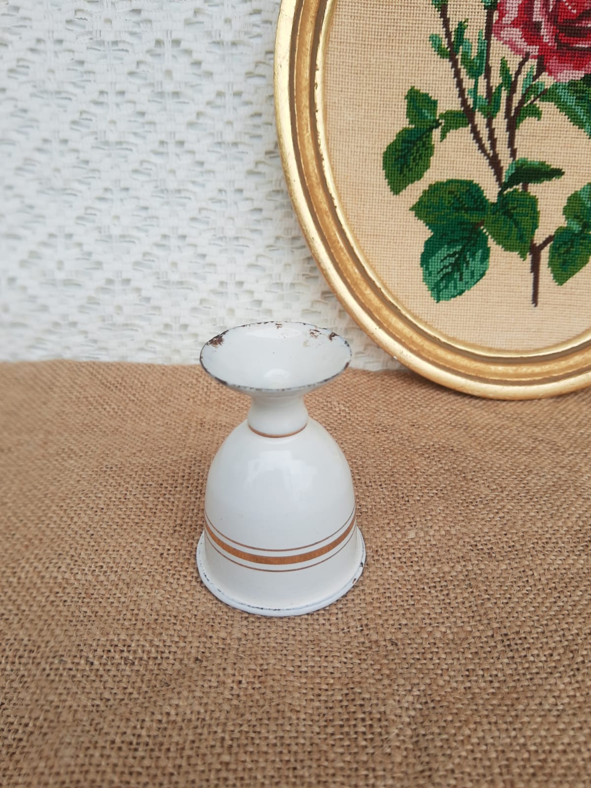 Antique vintage white and gold enamel egg cup