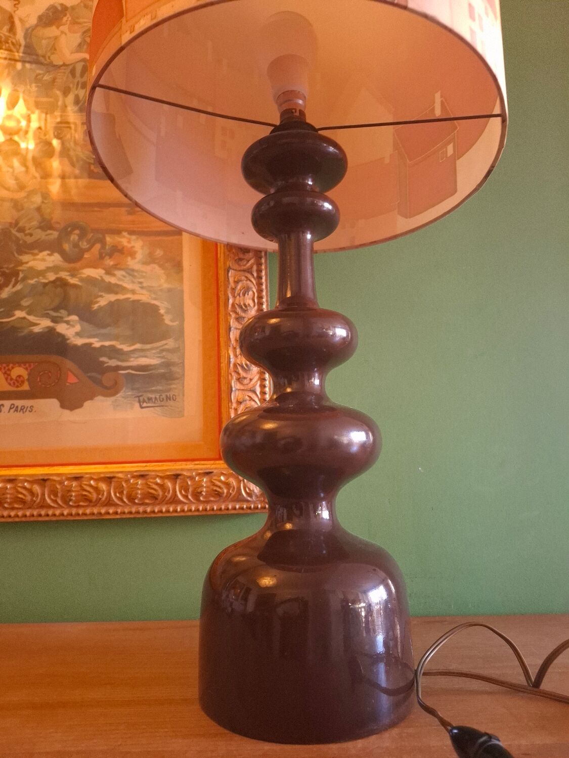 Vintage 70s lamp with a silk shade.