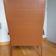 Scandinavian brown skai and wood armchair