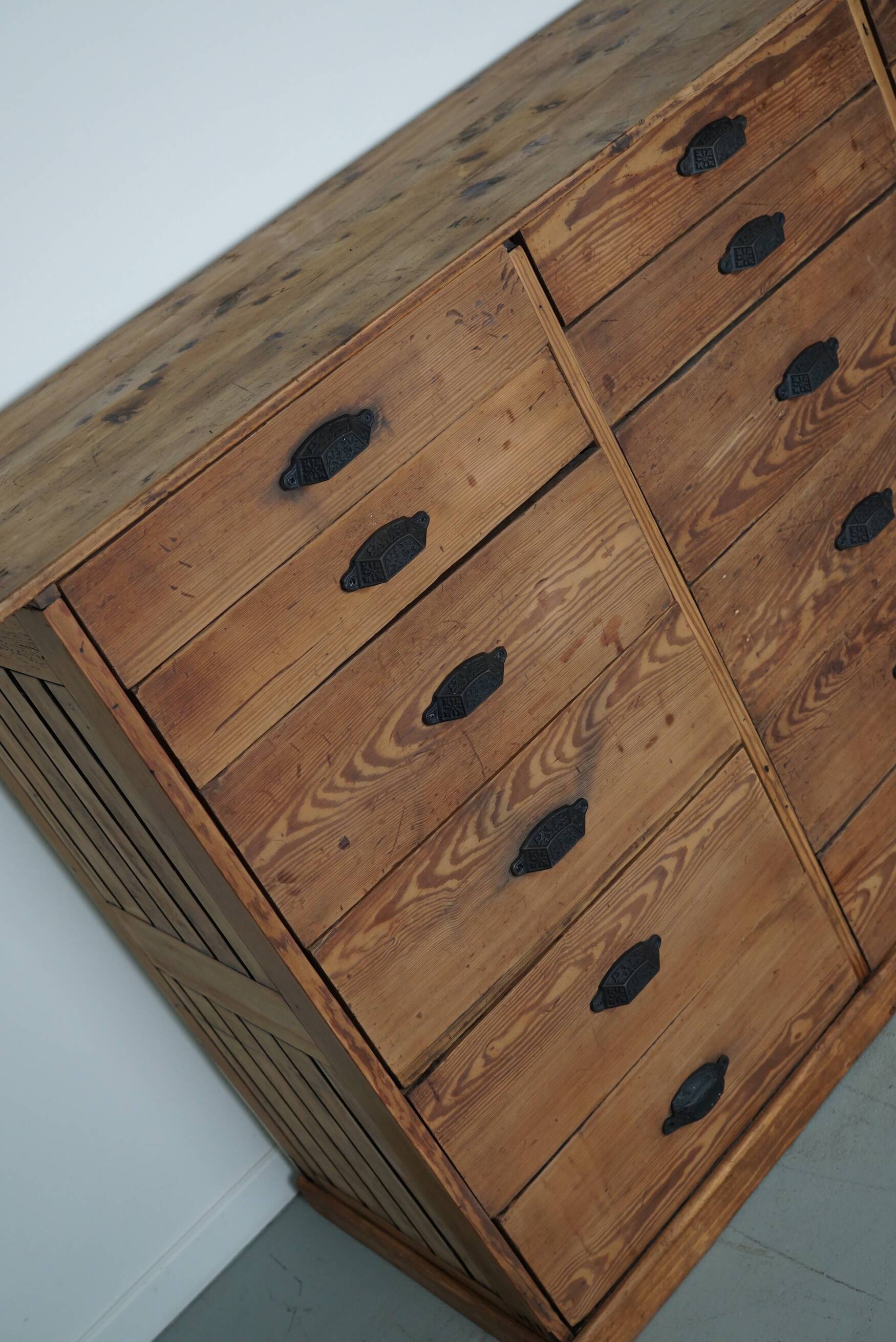 Antique Rustic German Pine Apothecary Cabinet / Bank of Drawers, 1900s