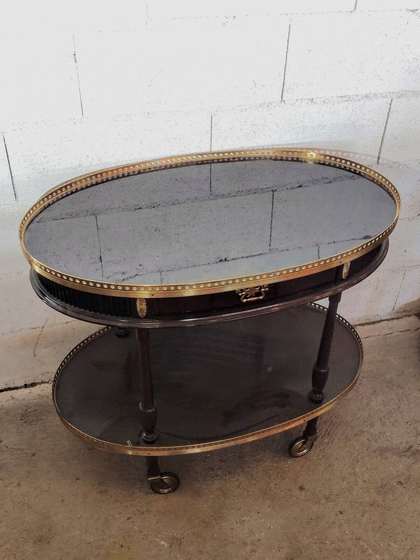 Oval Wooden and Brass Serving Table in Louis XVI Style / Maiso