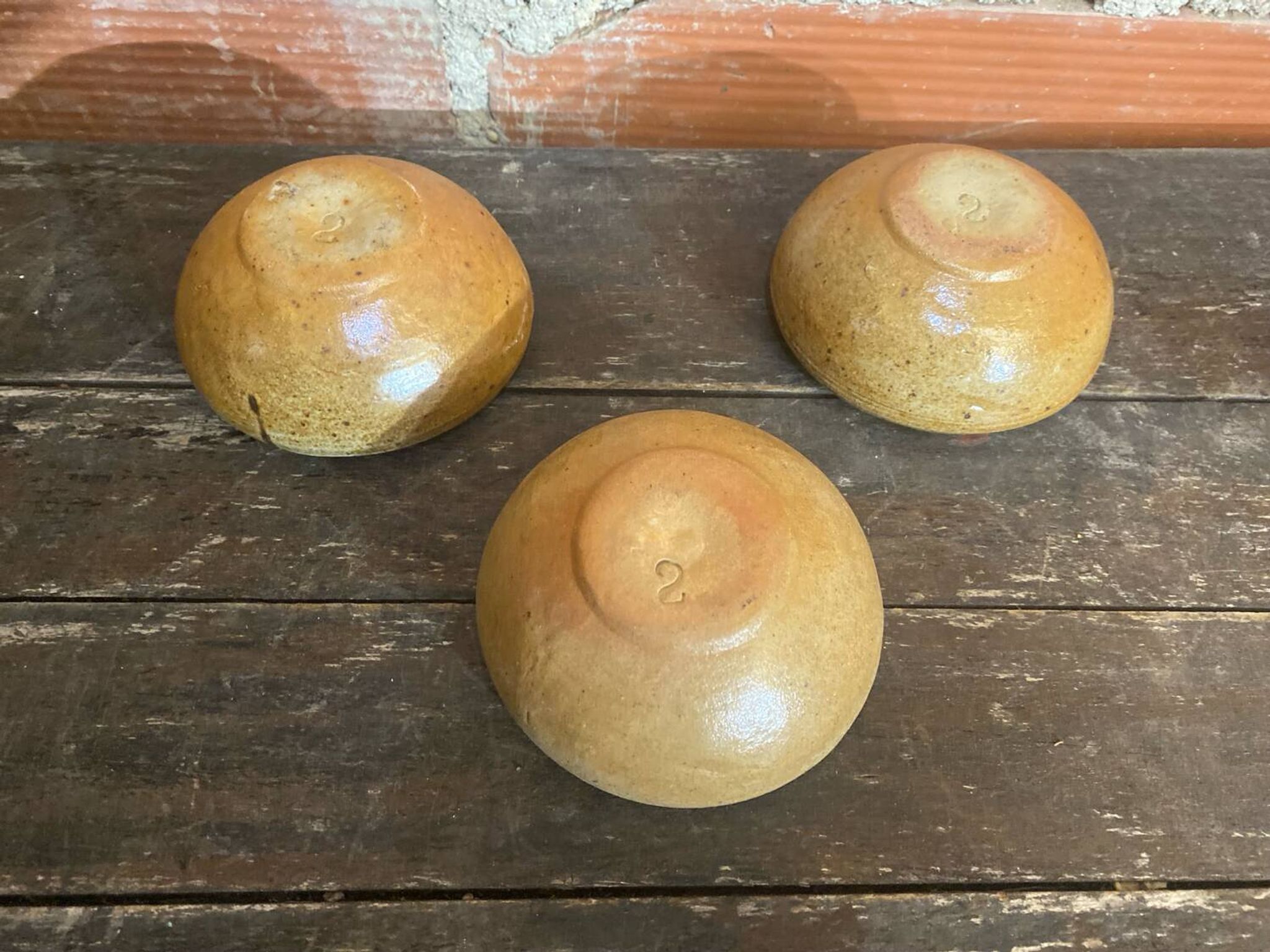 Set of 3 Vintage Beige Stoneware Ashtrays Made in France