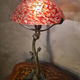bronze lamp in Art Nouveau style from 1975 to 1985 with a high-quality glass shade