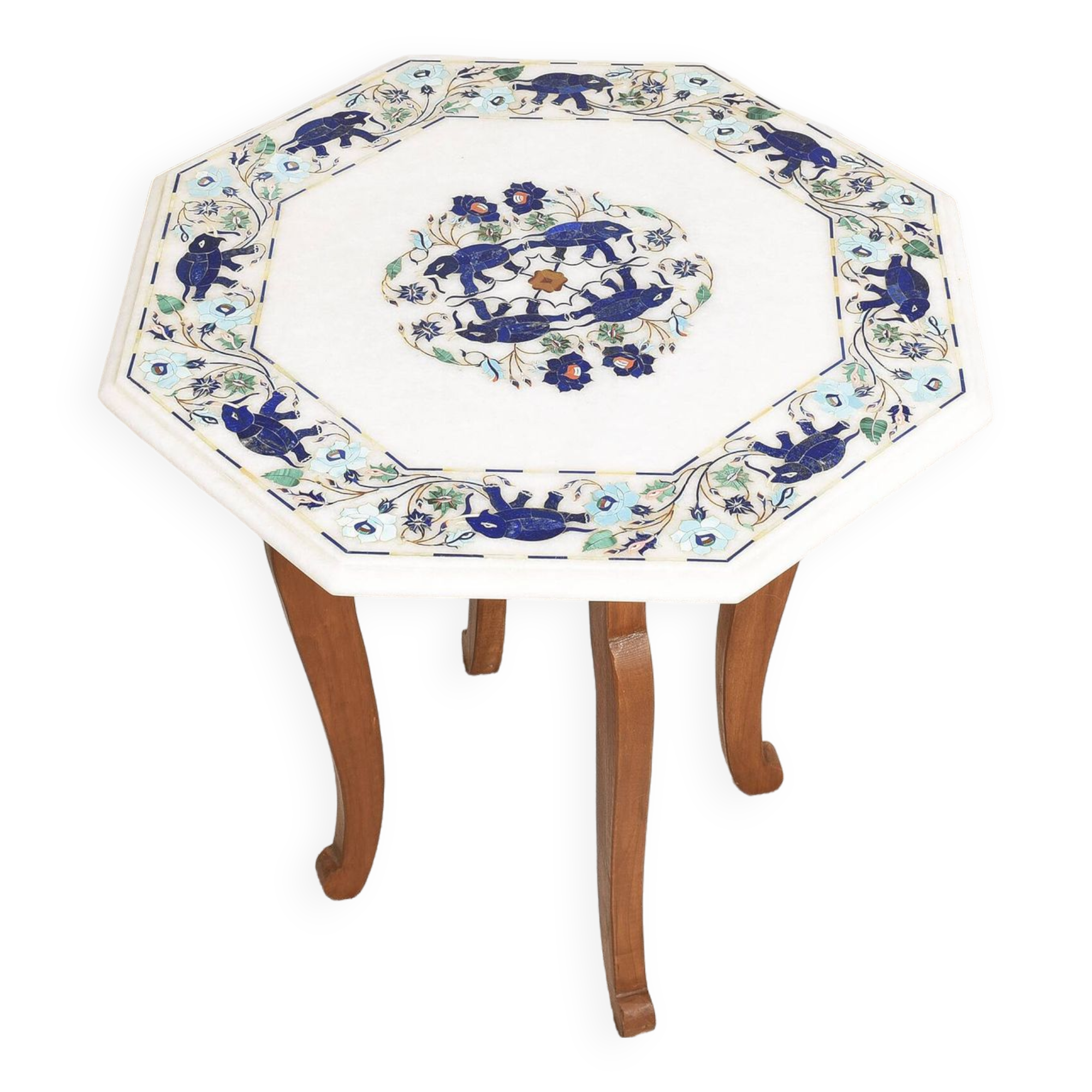 Side table with marble top and inlaid stones