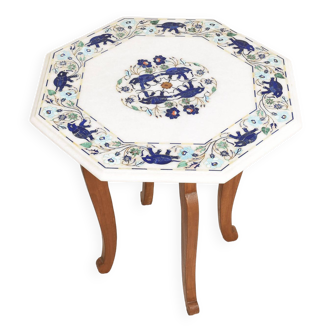 Side table with marble top and inlaid stones