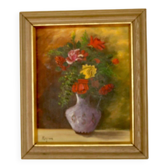 Huile sur panneau suédoise originale « Fleurs » par Regran - Vintage & Framed