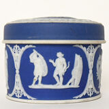 Pair of Wedgwood biscuit boxes with relief decoration of antique scenes