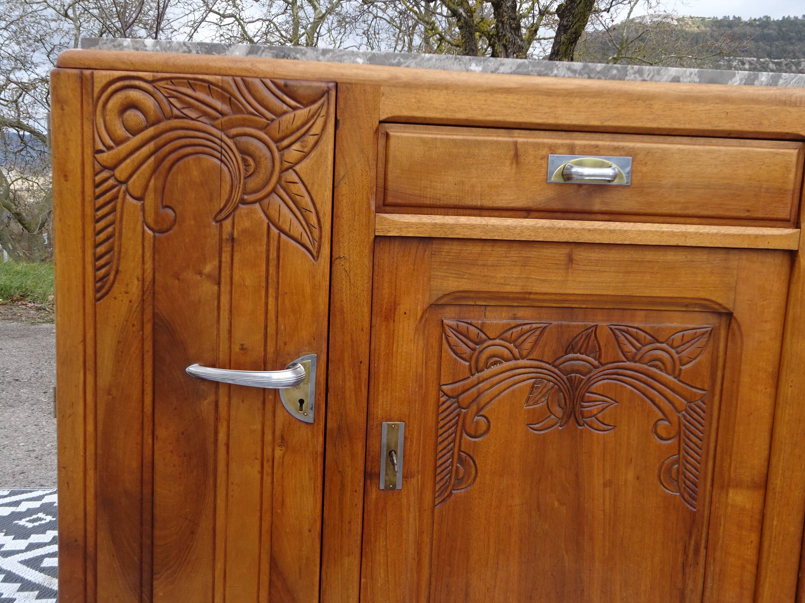 Narrow sideboard, art deco in light walnut, gray marble top