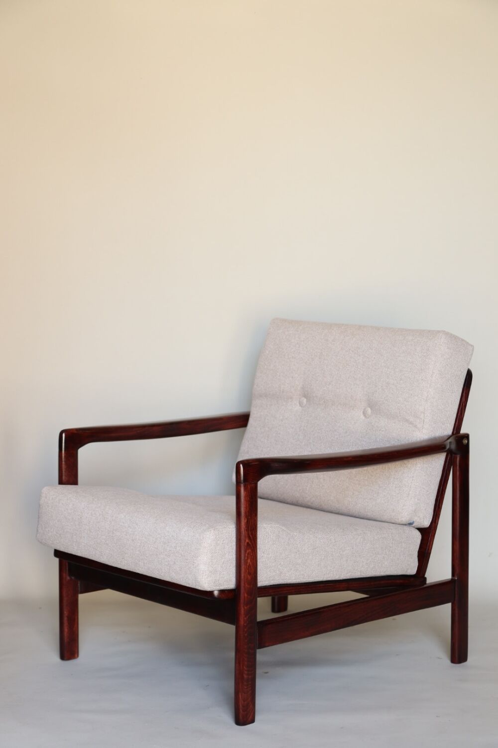 Wood armchair oryginal design by Z. Baczyk 7522 beige colour fabrics palisander wood