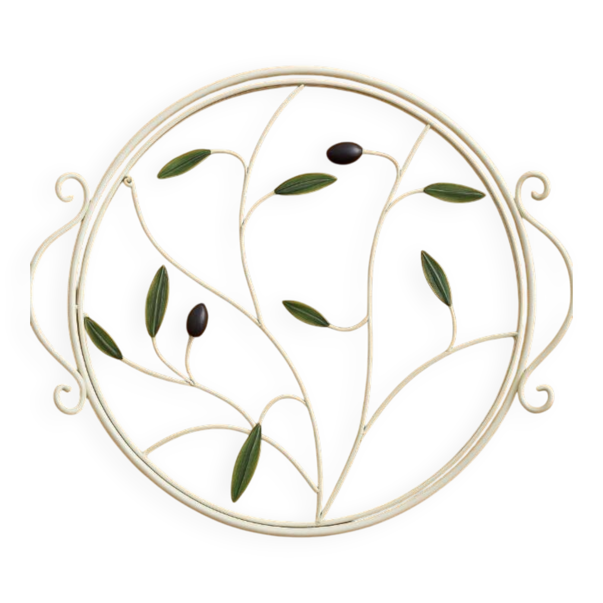 Round wrought iron and glass tray decorated with olives and foliage