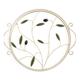 Round wrought iron and glass tray decorated with olives and foliage