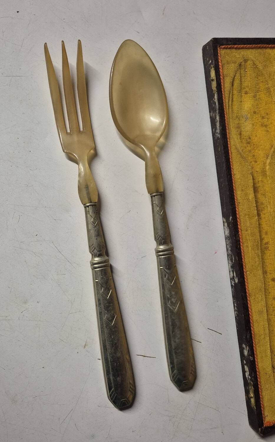 vintage metal silver-plated & bakelite salad service 28cm antique box