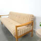 Slaapbank beige gestreept met houten frame