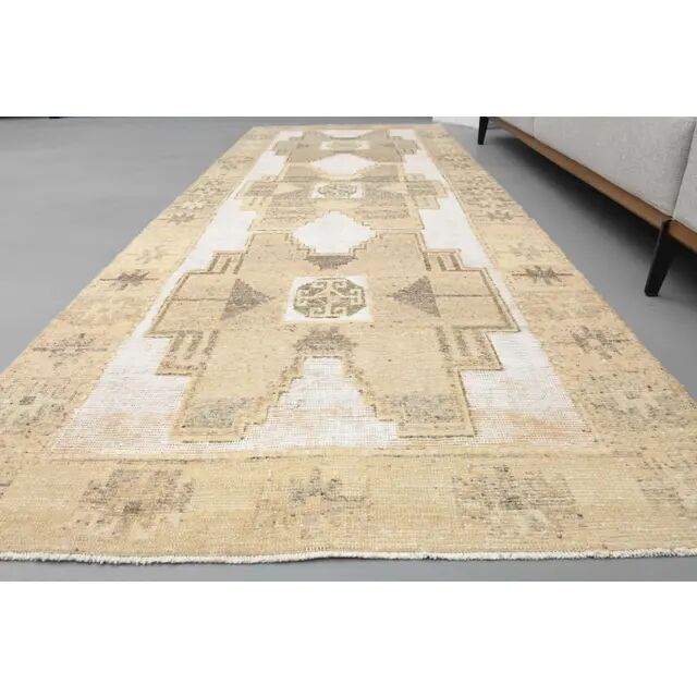 1970s Turkish Hand-Knotted Wool Cotton White Runner Rug 120X314