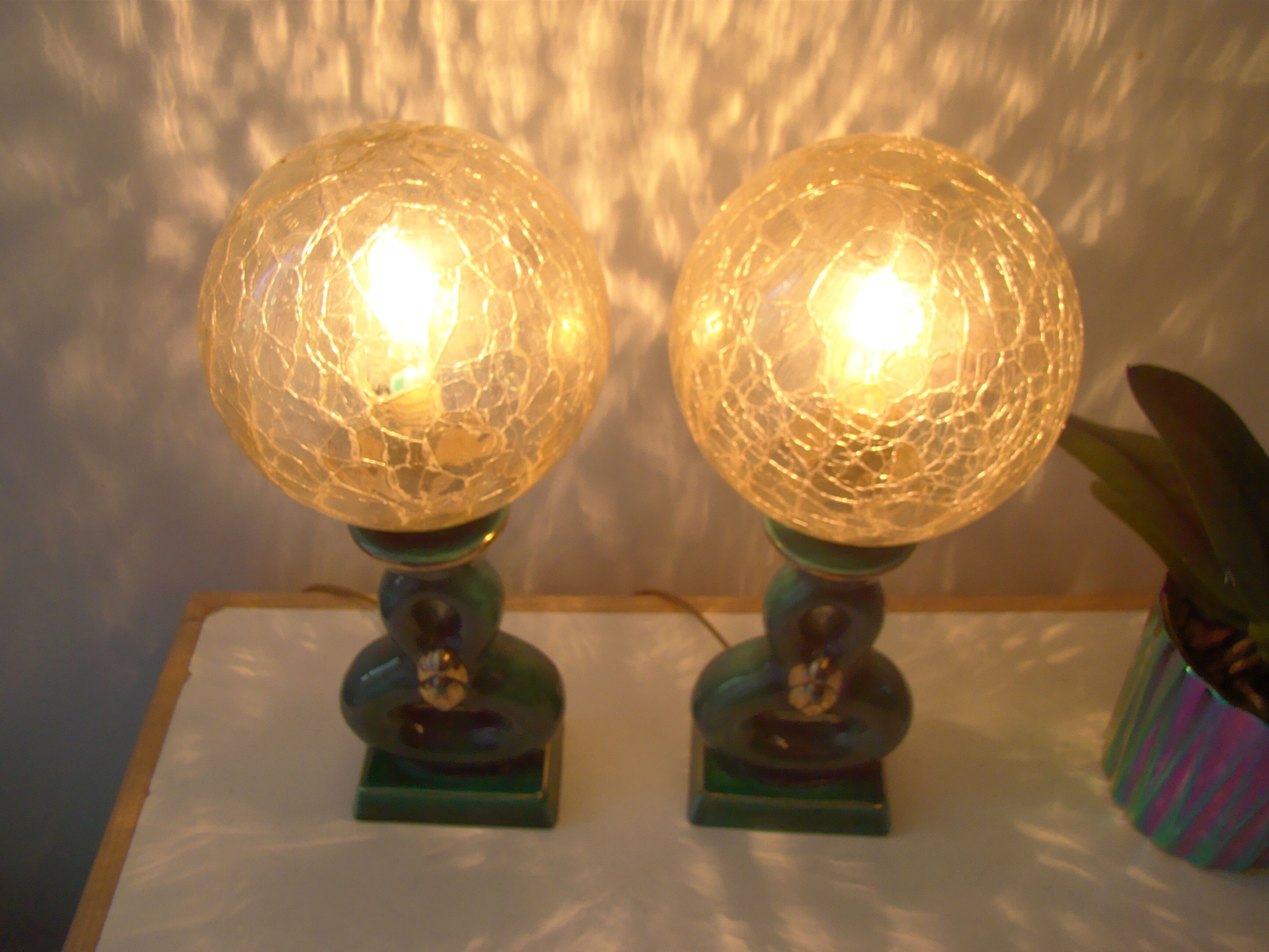 Pair of vintage lamps in bordeaux art ceramic