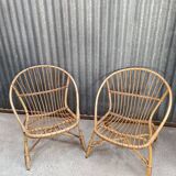 Vintage rattan wicker garden furniture set with 2 shell armchairs and a bar table