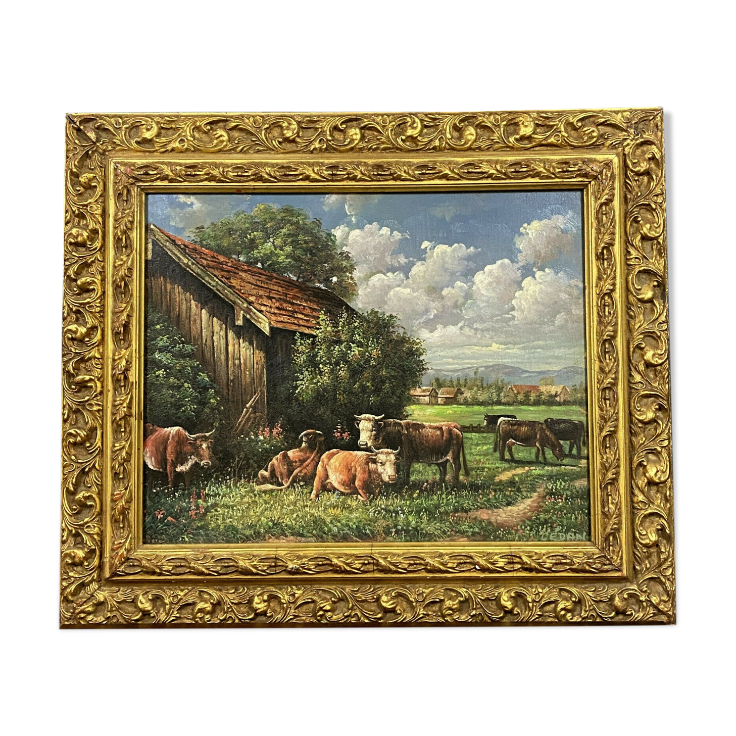 Painting XXeme - Oil on canvas depicting a cow herd signed Cédan 1944