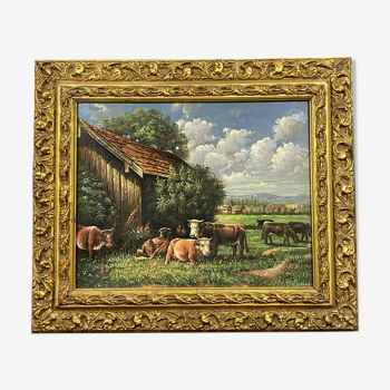 Tableau XXeme - Huile sur toile figurant un troupeau de vache signée Cédan 1944