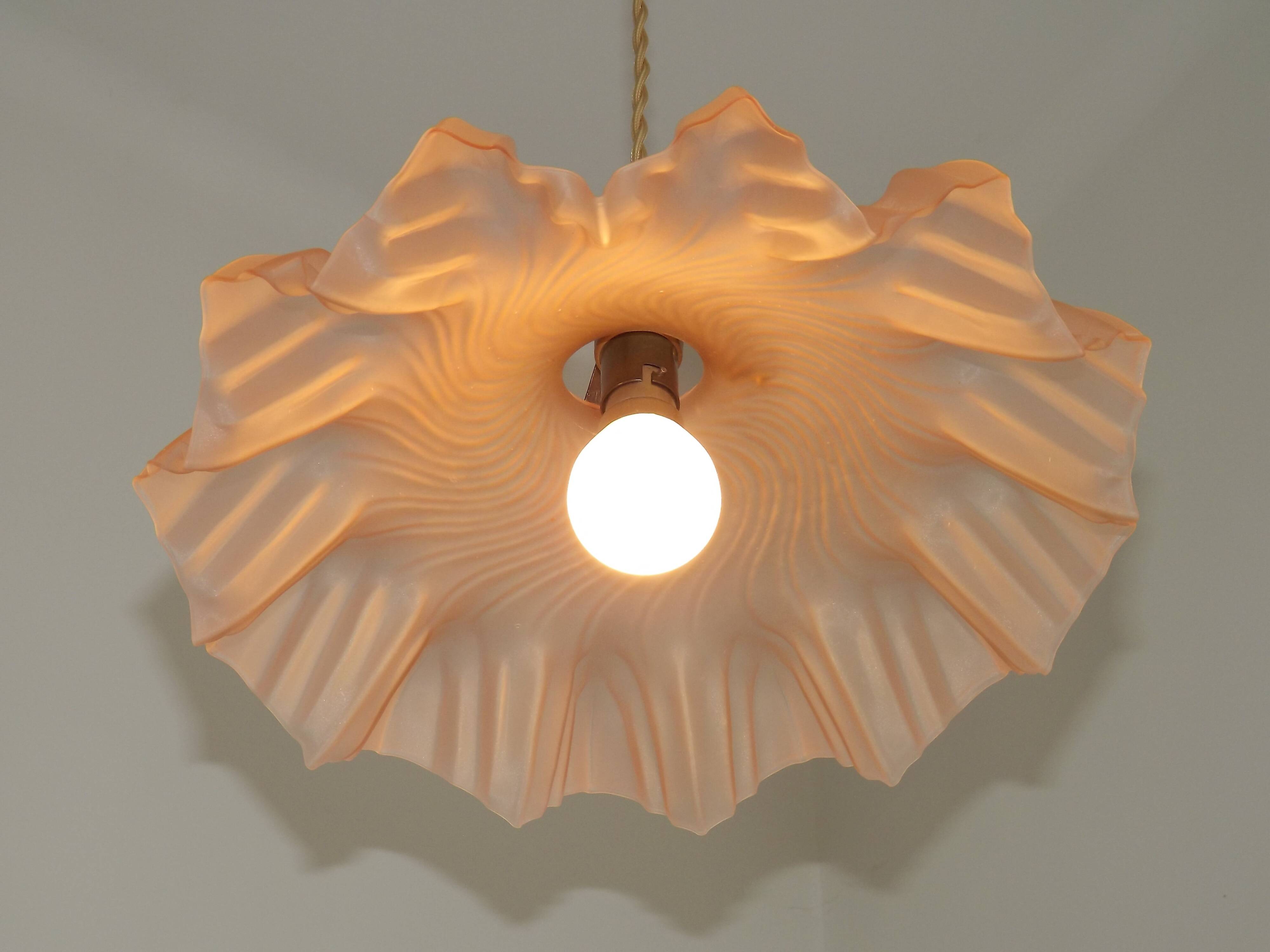 French Vintage 1930s Pink Frilled Glass Shade Hanging Light Brass Fittings