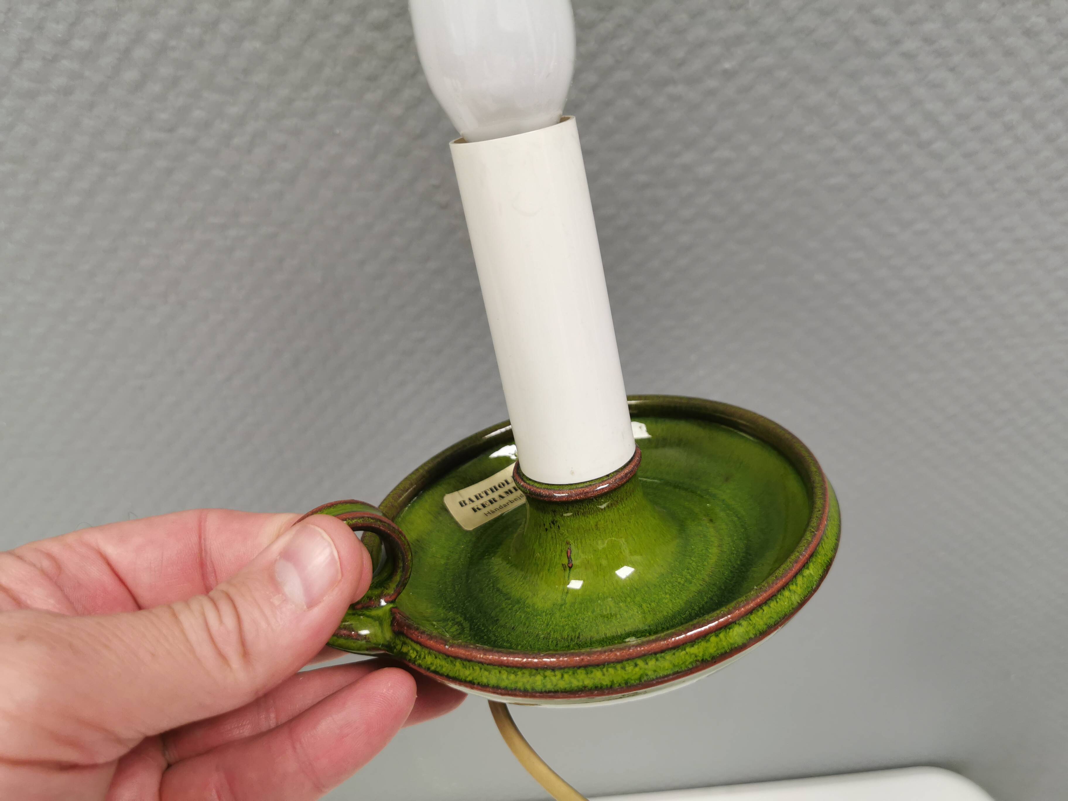 Small ceramic table lamp with beautiful green glaze and original shade, 70s