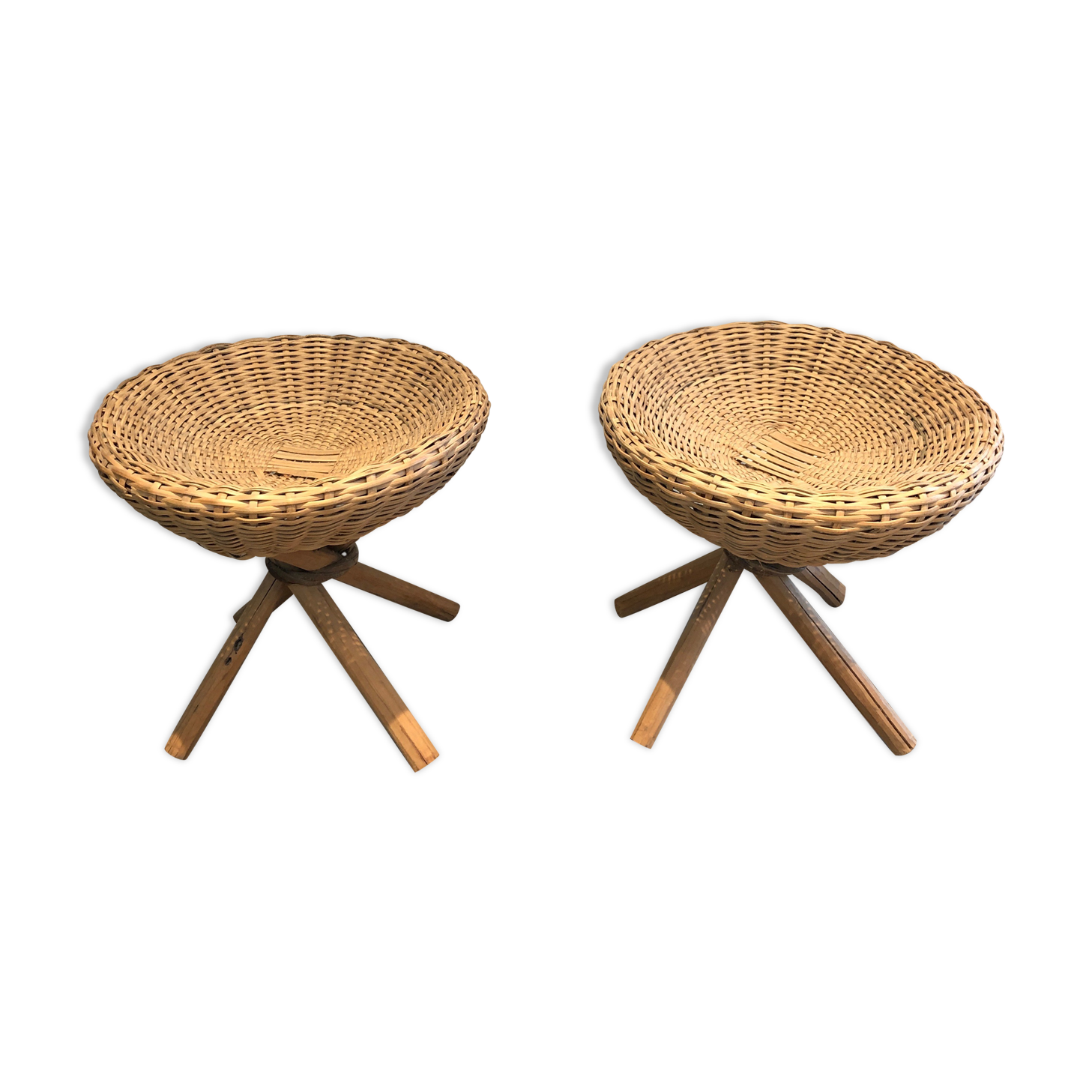 Pair of rattan stools. french work. around 1970