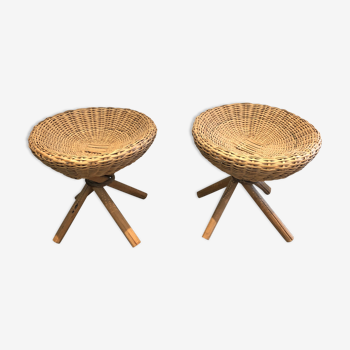 Pair of rattan stools. french work. around 1970