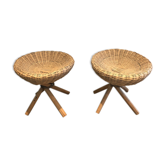 Pair of rattan stools. french work. around 1970