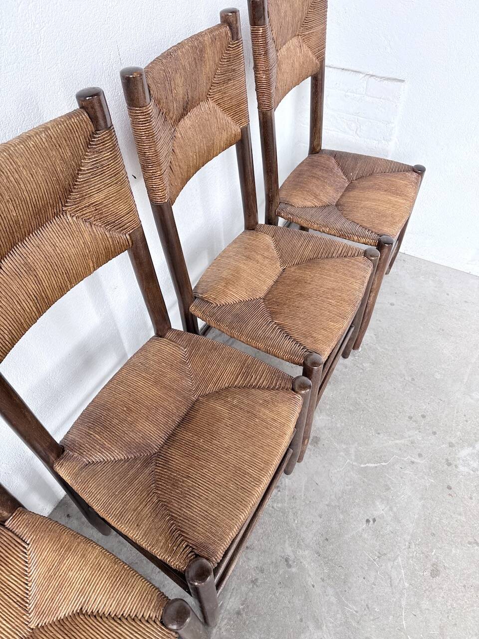 Set of 6 straw and oak Beauche chairs.
