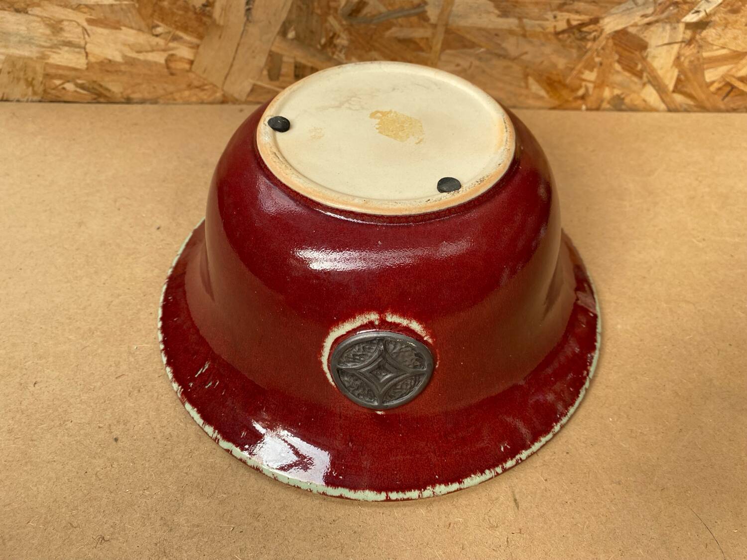 Antique Red Ceramic Salad Bowl Blue Interior + Vintage Kitchen Badge