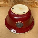 Antique Red Ceramic Salad Bowl Blue Interior + Vintage Kitchen Badge