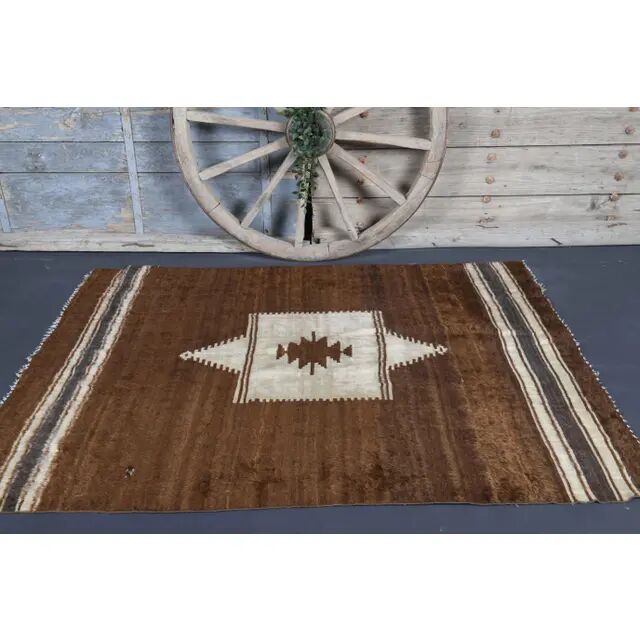 Vintage Turkish Hand-Knotted Wool Cotton Brown Kilim Area Rug 148x198
