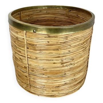xl 31 cm, rare rattan and brass waste basket in the Crespi-Albini style, Italy 1970
