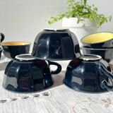 Vintage black earthenware coffee cups with multi-colored background, 1970s