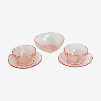 Pink glass cup and bowl set