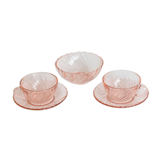 Ensemble tasses et bol en verre rose