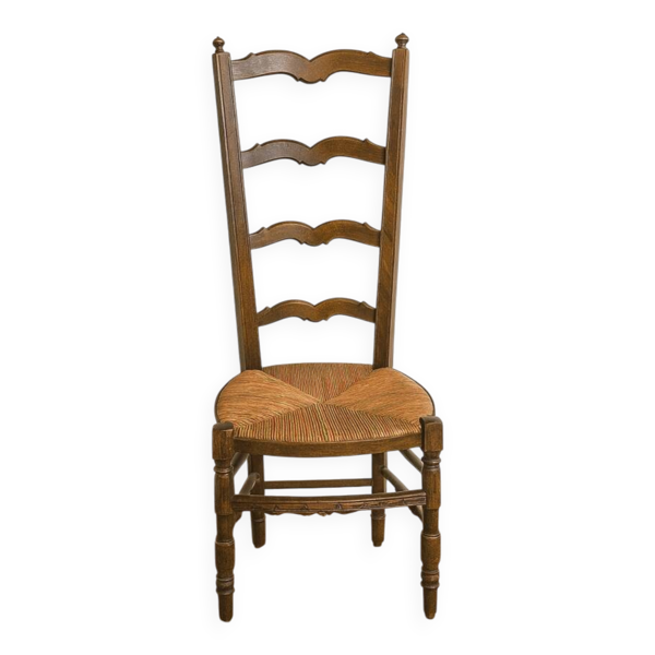 Chaise de nourrice ancienne en bois et paille – dossier ajouré à barreaux c — Beyit