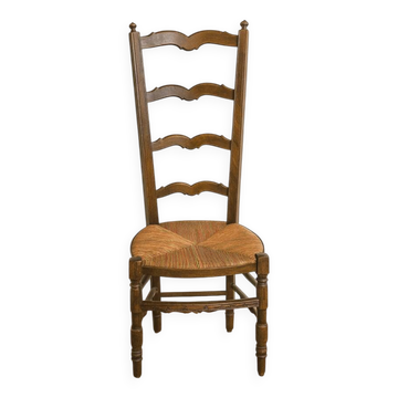 Antique wooden and straw nurse's chair - openwork backrest with bars c