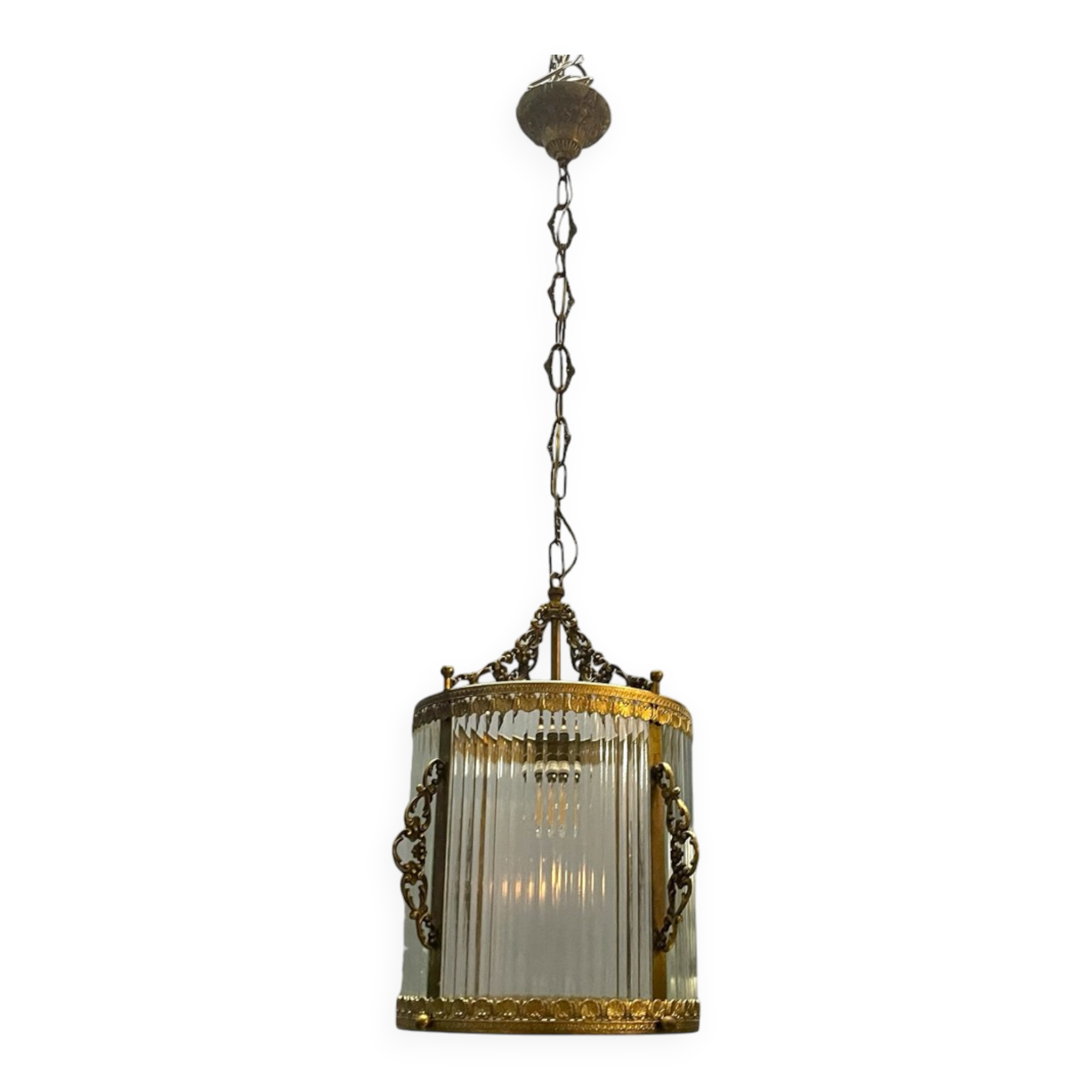 Brass Ribbed Glass Light Pendant 1950’s