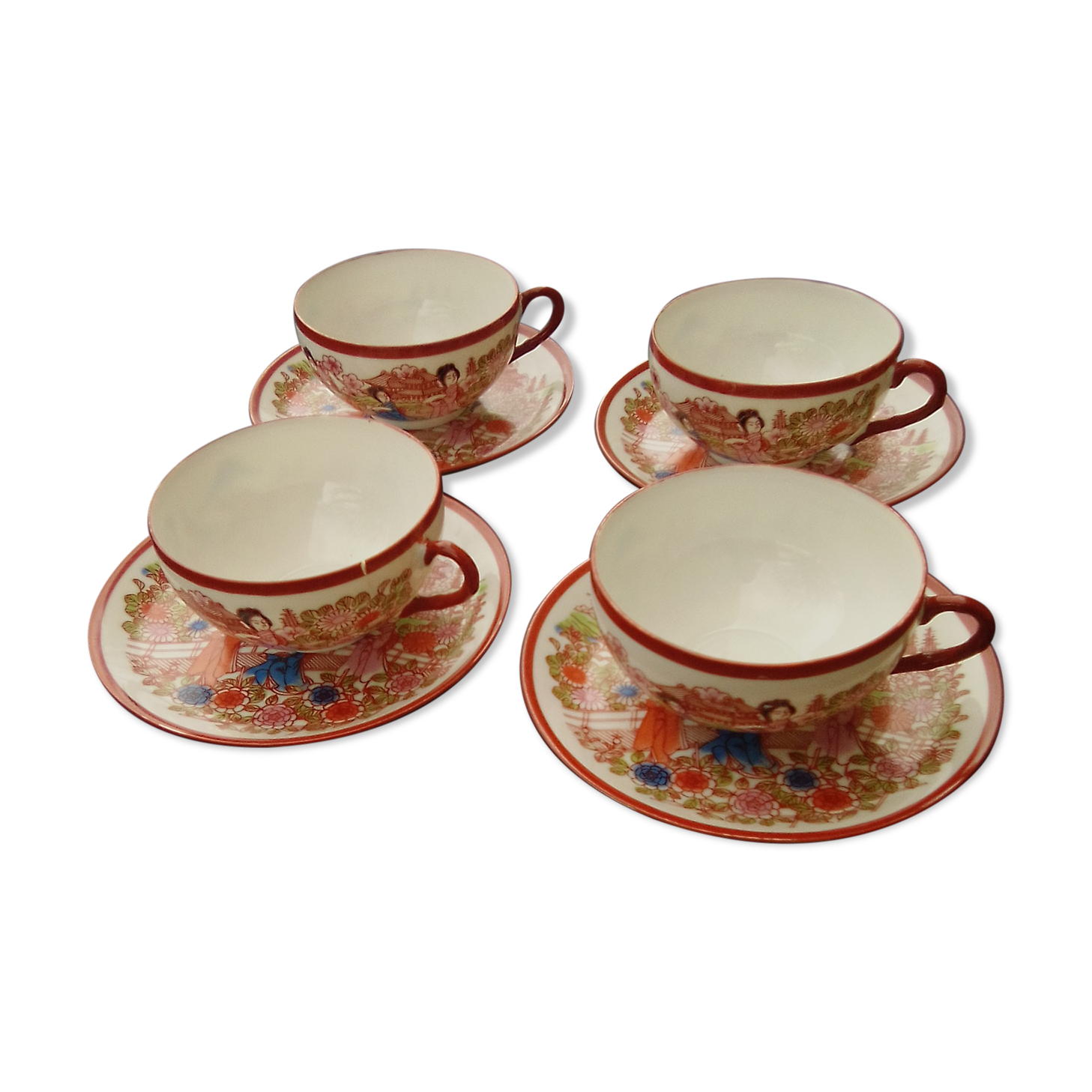 4 Japanese tea cups with saucer with empress in lithophany
