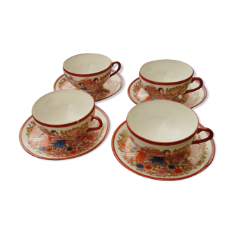 4 Japanese tea cups with saucer with empress in lithophany