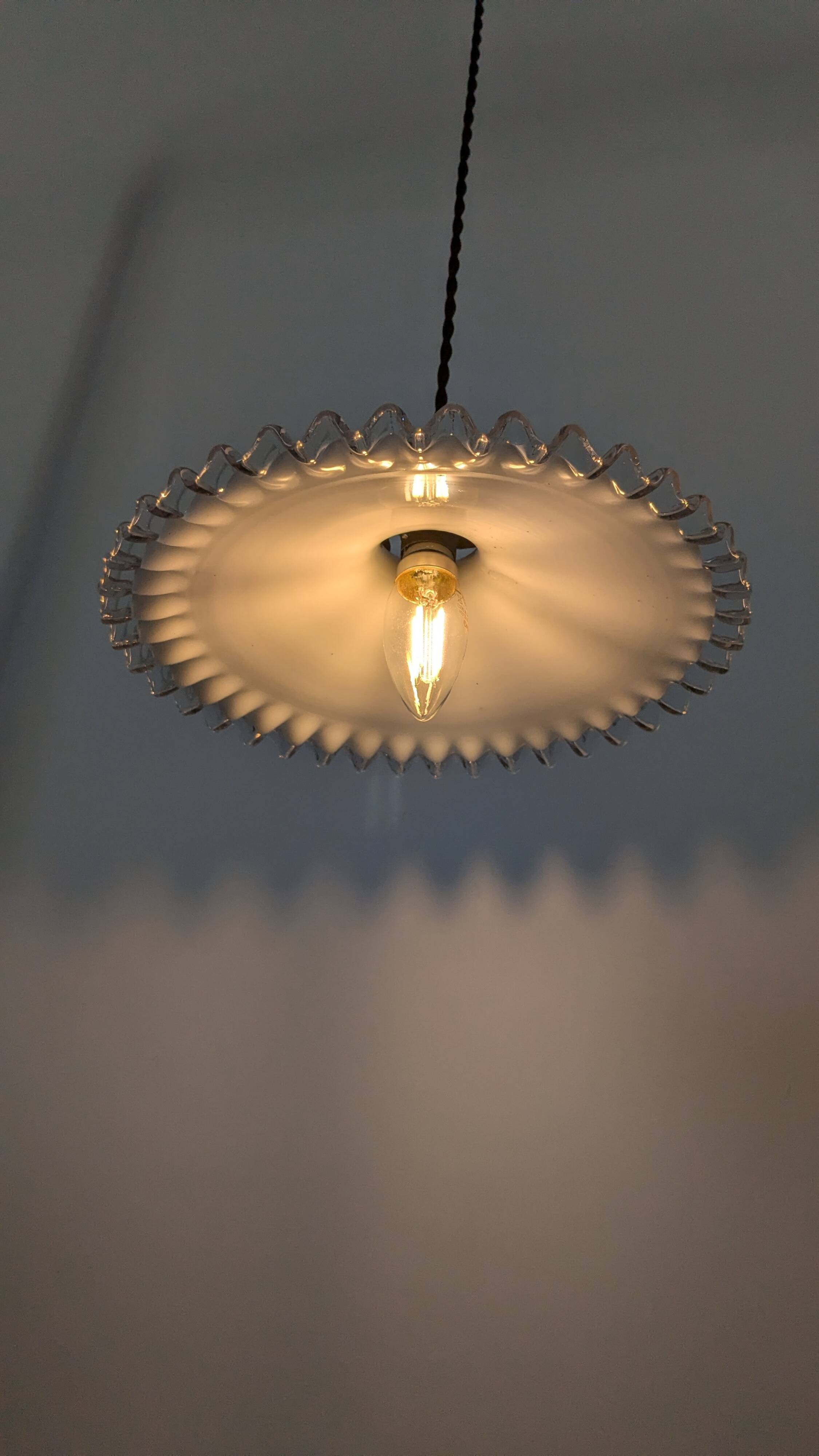 Vintage pendant light in white opaline with lace